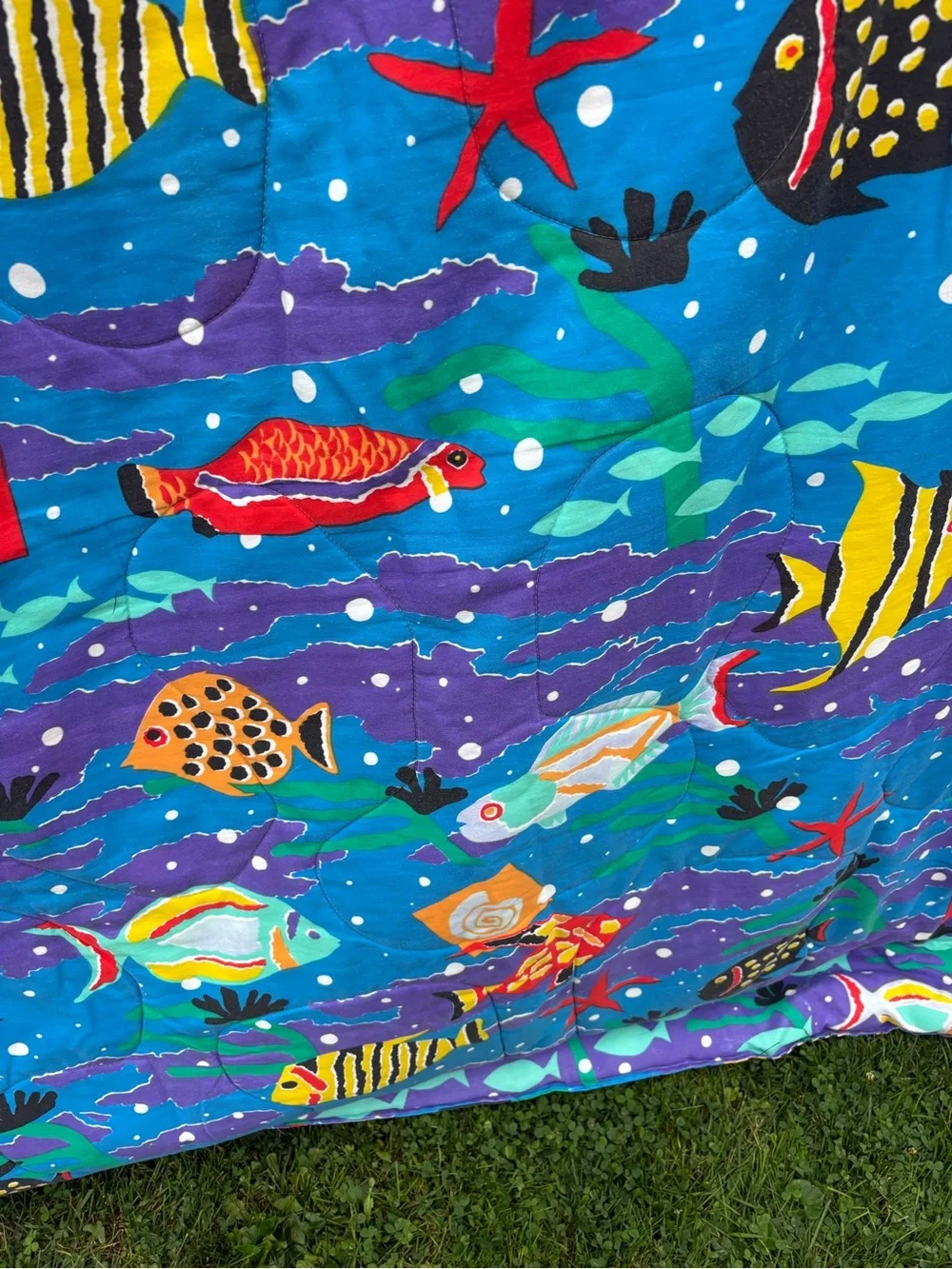 Vintage 1986 Vibrant Blue Tropical Fish Comforter by Cheryl Johnson